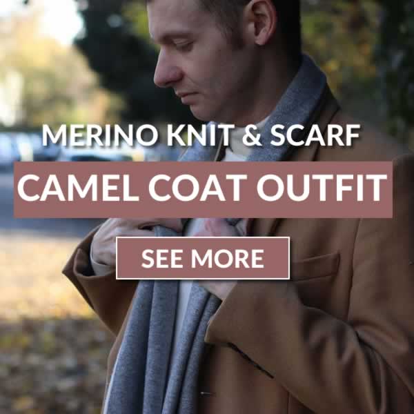 Camel overcoat, merino knit and scarf outfit