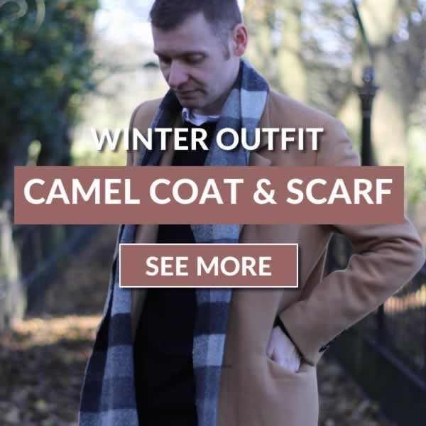 Camel overcoat and scarf layered outfit