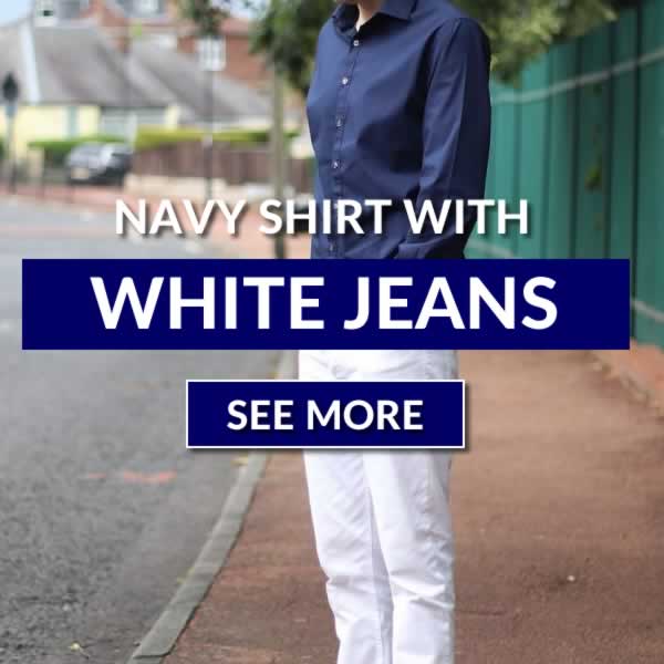 Navy shirt, white jeans and brown shoes outfit