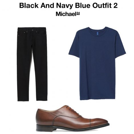 navy pants and black shoes