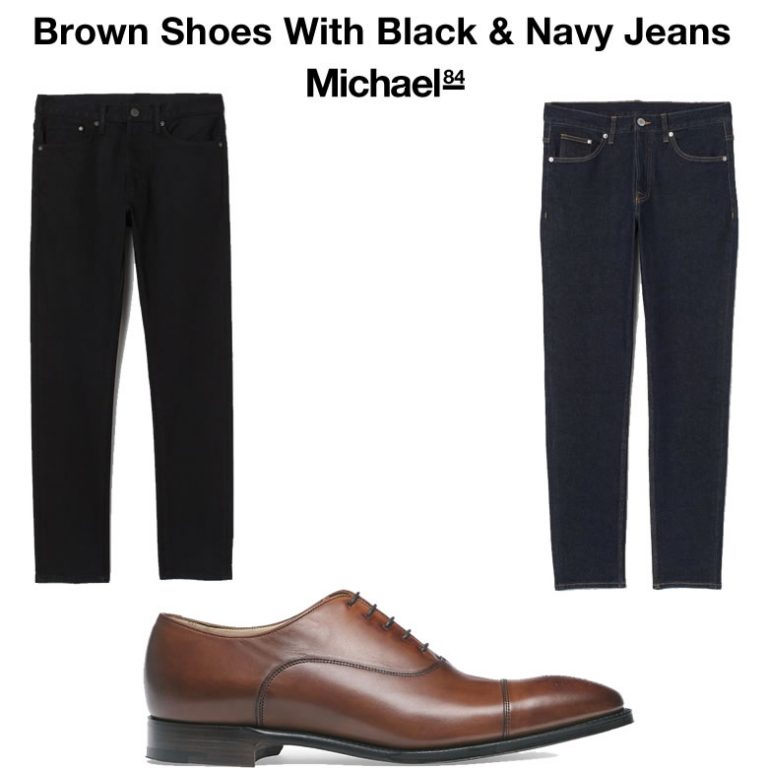 navy pants and black shoes