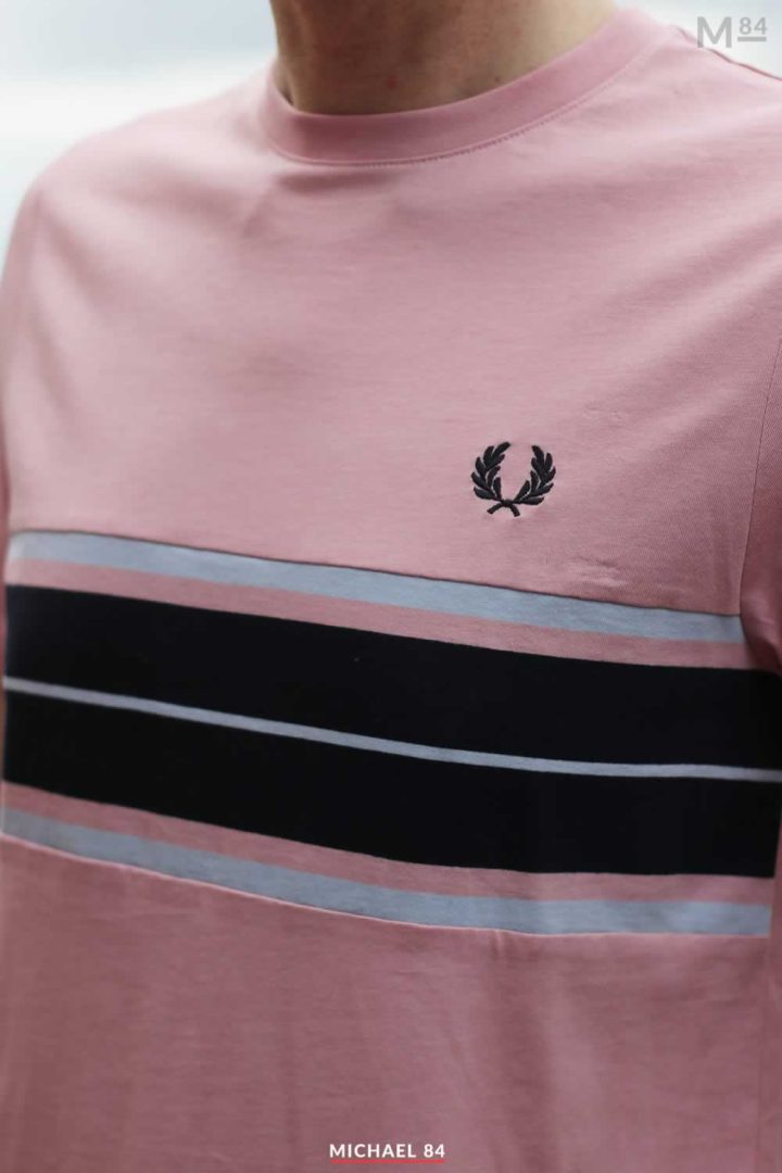 Close up details of the pink Fred Perry T Shirt