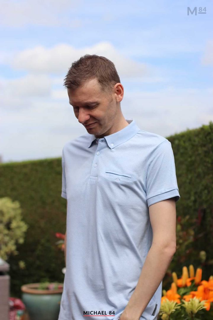 Wearing My French Connection Micro Dot Polo Shirt In Sky Blue