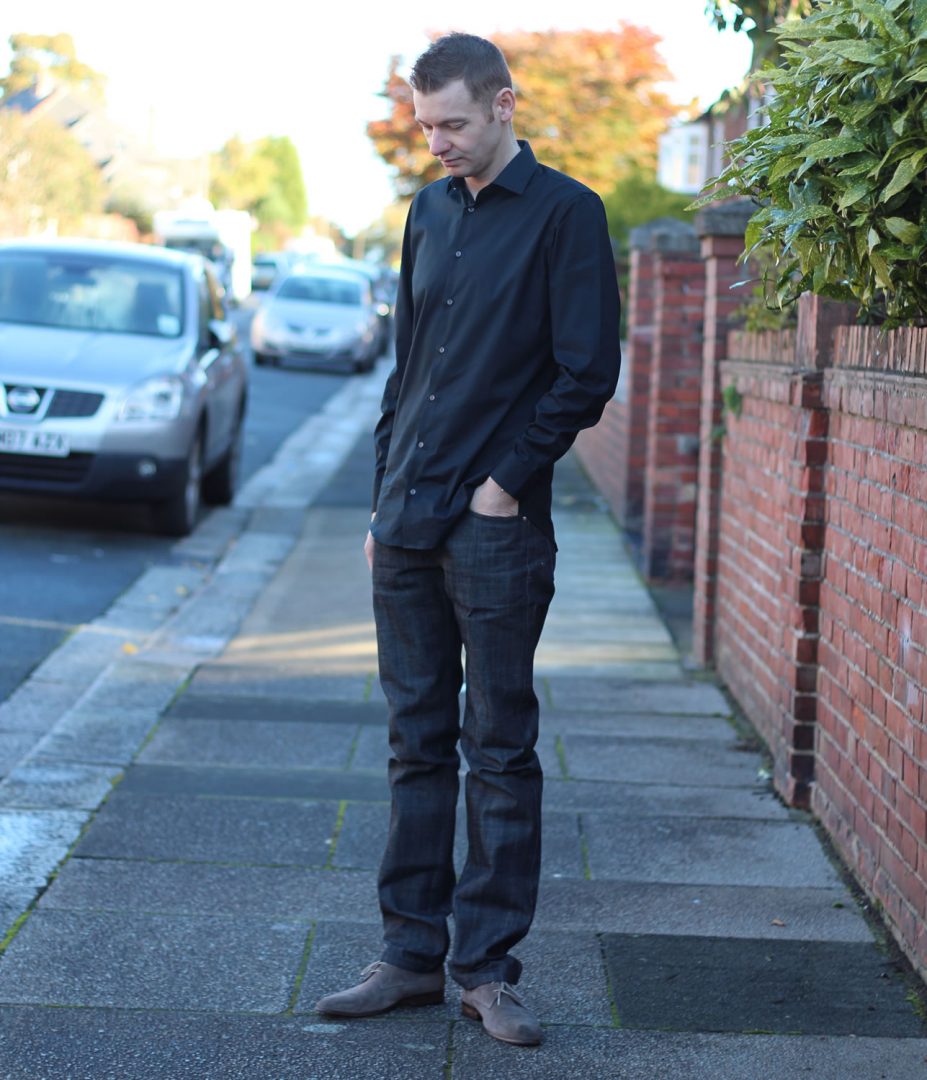 Black Denim Shirt with Black Skinny Jeans Warm Weather Outfits For Men In  Their 20s (2 ideas & outfits) | Lookastic