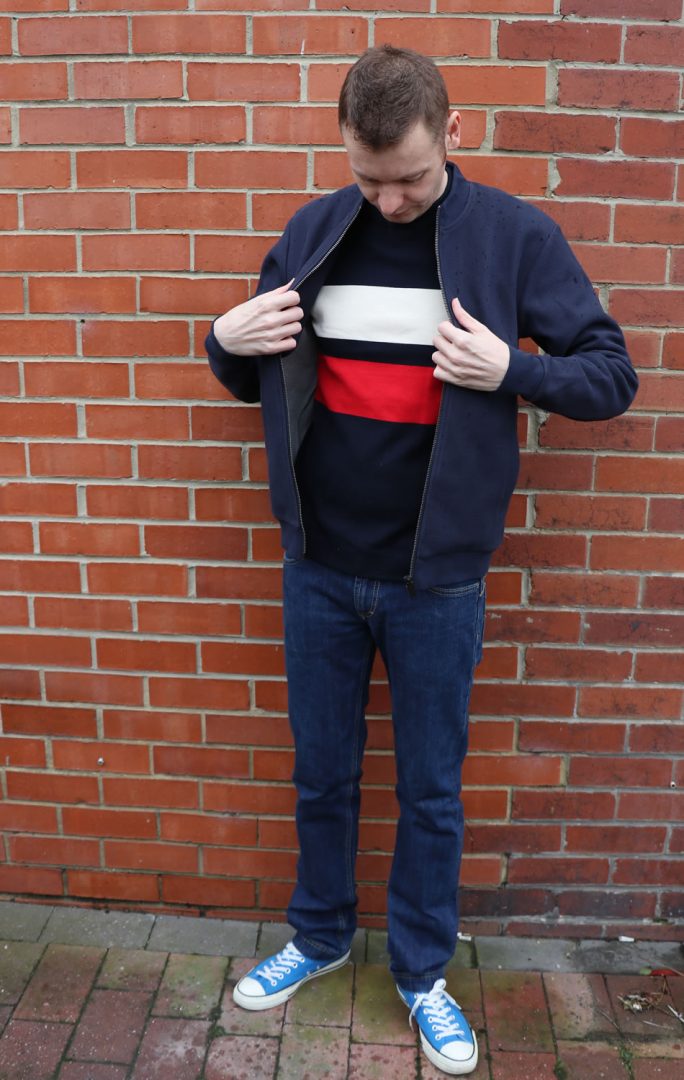 Street style outfit featuring jaeger bomber jacket in navy