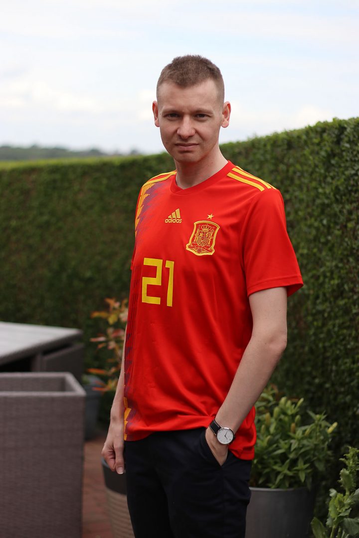 Wearing The Spain Home Shirt Ready For The Football Tonight