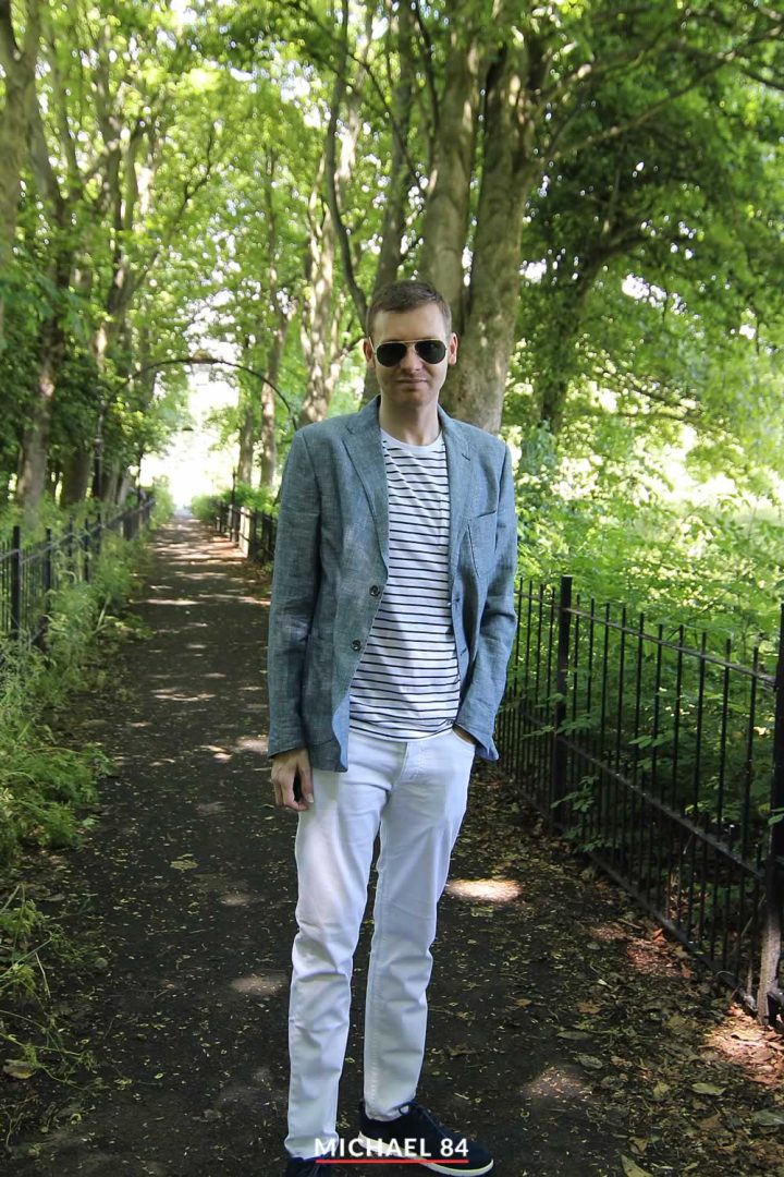Blazer, Stripe T Shirt & White Jeans
