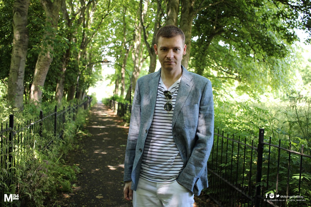 Summer Smart Casual Outfit - Linen Blazer, Nautical T Shirt, White Jeans