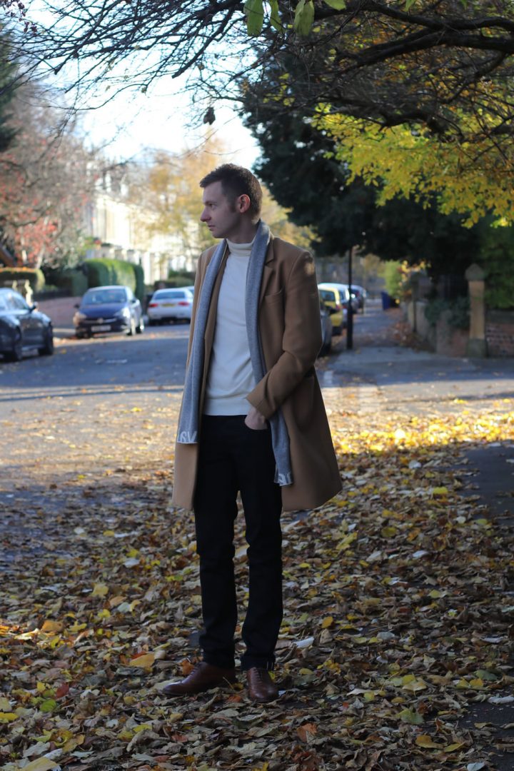 Smart Casual Outfit - Roll Neck, Camel Overcoat, Black Jeans And Brogues