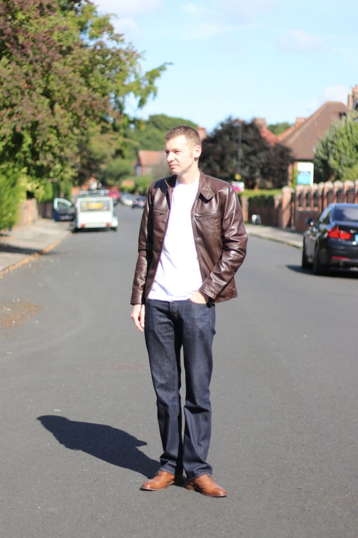 Indigo Selvedge Jeans With a White T Shirt and Leather Jacket Outfit