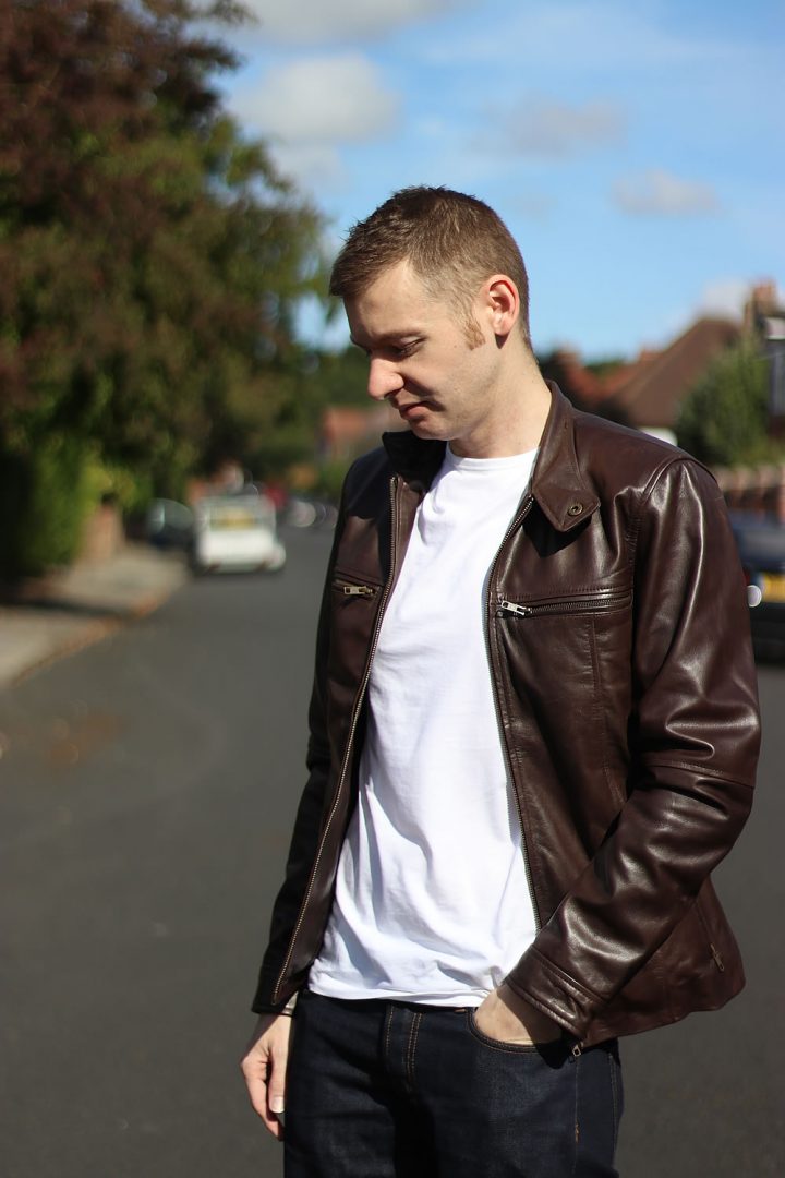 Leather jacket with a plain white T-shirt