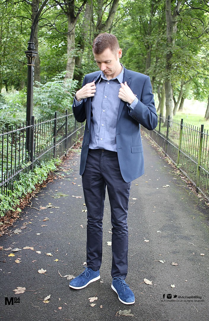 blue suit with grey shoes