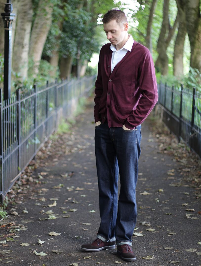 Burgundy Cardigan With Selvedge Denim