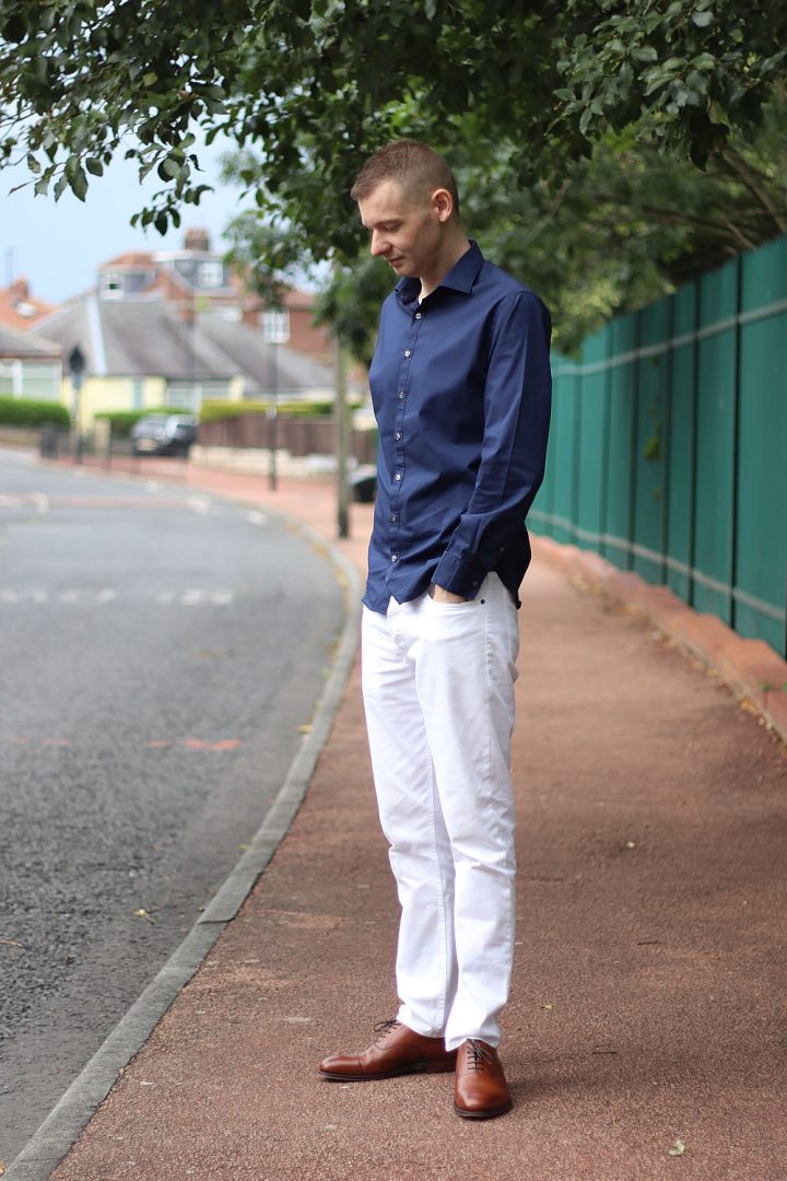 Outfit Of The Day - Navy Shirt, White Jeans, Brown Shoes