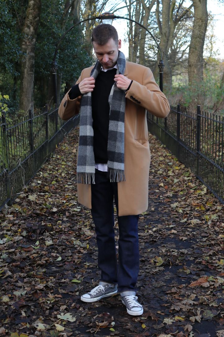 Dark Denim Selvedge Jeans With Overcoat, Jumper, Shirt And Converse