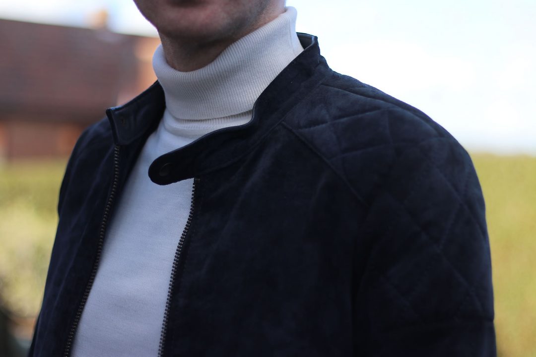 Close Up Of Roll Neck Knit And Suede Jacket From Jofama