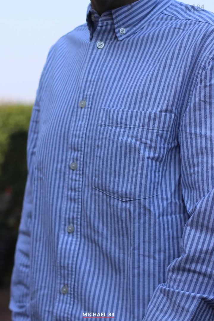 Oxford Casual Shirt Blue White Stripes Close Up