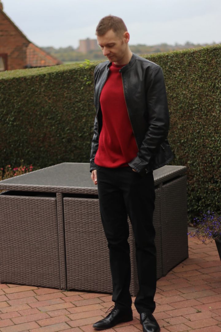 mens red sweater outfit