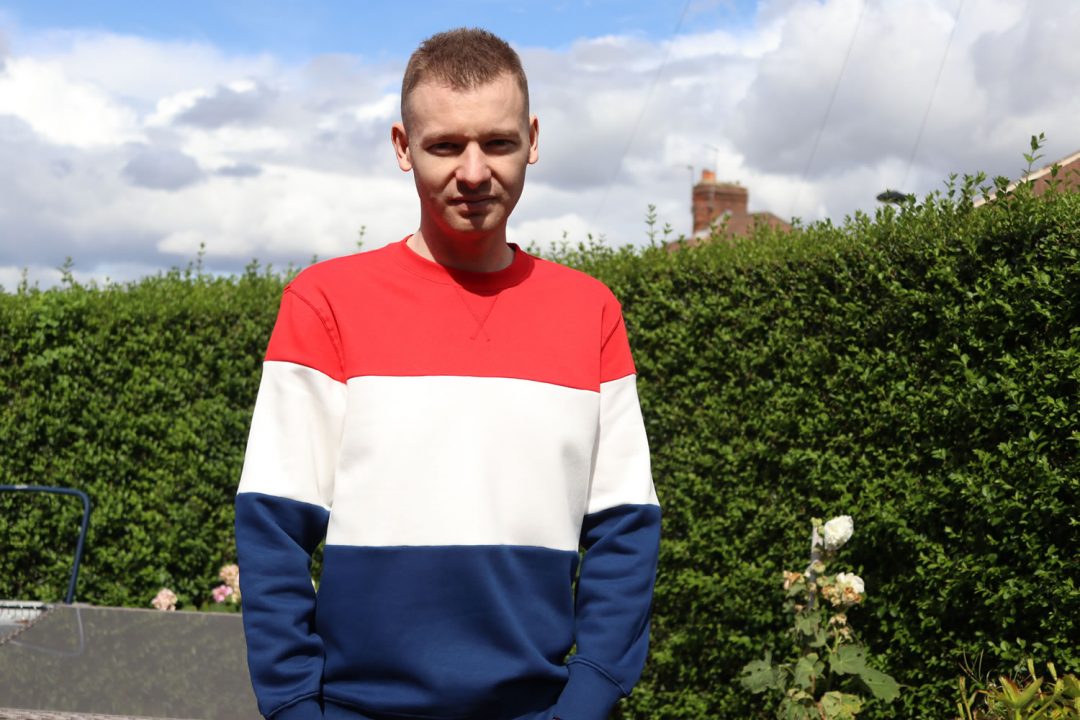 Red blue and store white sweatshirt