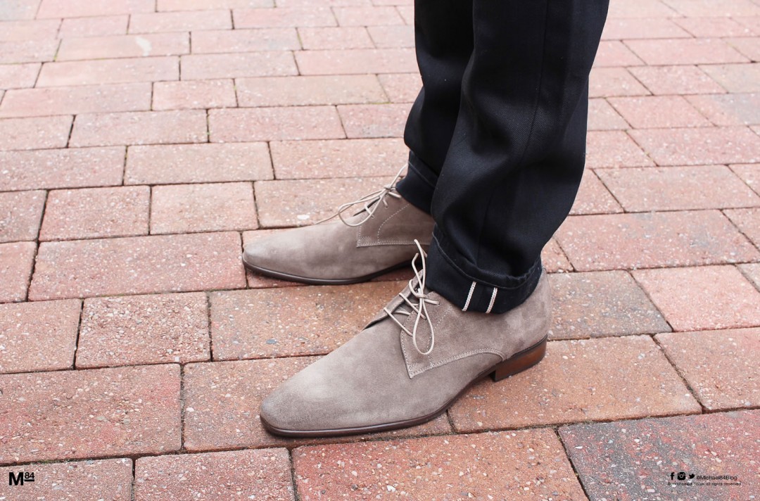 Grey Suede Shoes With Black Selvedge Denim