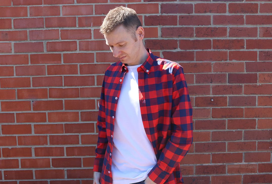 Red check shirt store outfit