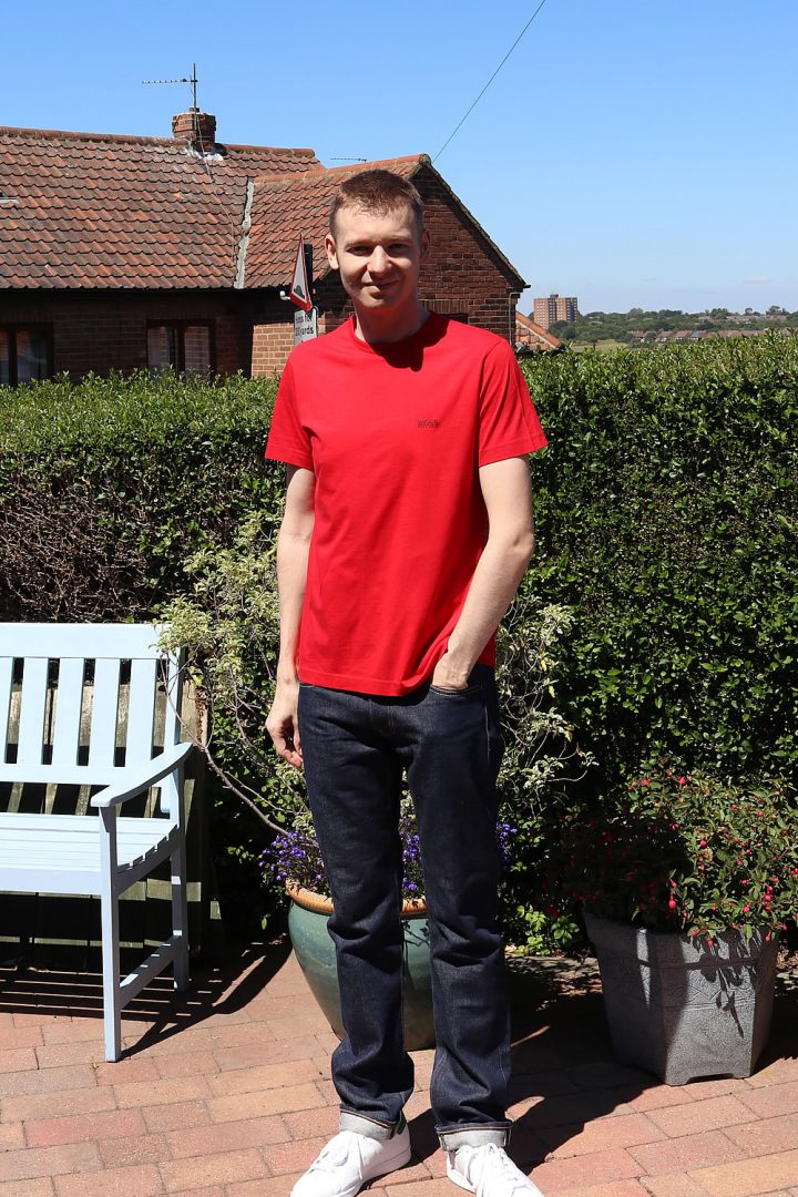 red shirt and jeans outfit